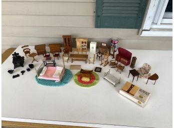Lot Of Vintage Doll House Furniture. Everthing In Photos. Brass Beds, Pot Belly Stove, Mirror, Corner Chairs.