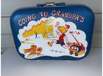 Vintage Blue 'Going To Grandpa's' Child Overnight Suitcase Luggage.