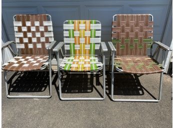(3) Vintage Aluminum Frame Foldable Lawn Chairs. Webbing Shows Wear.