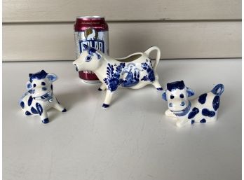 Three Delft Blue And White Cows. Two Figurines And A Creamer. No Chips, Cracks Or Other Issues.