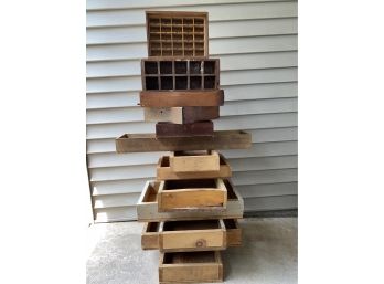 Lot Of 13 Vintage Wood Boxes And Drawers. Largest 12 1/4' X 20 5/8'. Smallest 8 12' X 12'.