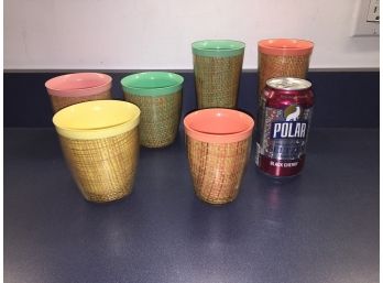 6 Vintage Raffia Ware Burlap Straw Weave Insulated Glasses Green, Pink And Yellow. All In Excellent Condition.