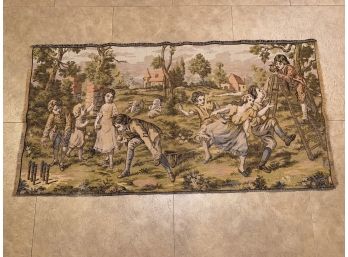 Antique/Vintage Woven Tapestry Of Children Lawn Bowling And On Ladder. Measures 19 1/4' X 37 34'.