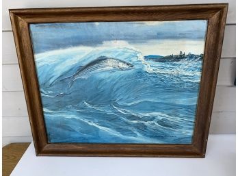 Vintage Framed And Signed Jumping Striped Bass In Ocean Waves Lithograph Painting On Canvas.