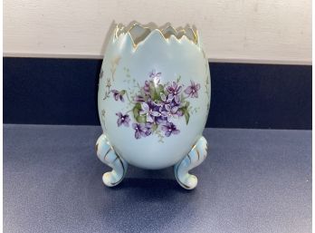 Vintage 6' Hand Painted Violets On Porcelain 3-Footed Floral Egg Vase. In Prefect Condition.