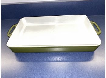 Cast Iron Enamel Lasagna Casserole Pan With Handles. Olive Green And White. Measures 8 3/4' X 14 3/4'.