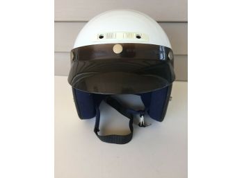 Vintage Hing Jin Ltd. White Motorcycle Helmet With Visor And Chin Strap. Size Large 7 3/8'.