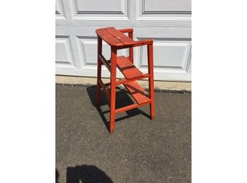 Antique Wood Distressed Orange Paint 3 Step Step Stool Or Ladder. Measures 24 3/4' Tall. Chip Out Of One Foot