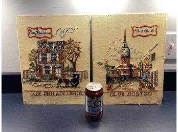 Vintage Betsy Ross House Olde Philadelphia And Olde Boston North Church Crewel Embroidery Art Decor.