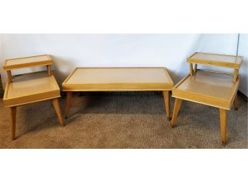 Mid Century Blonde Marlite Coffee Table & Matching End Tables