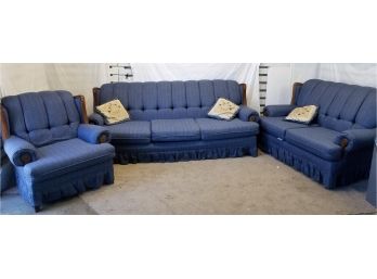 Vintage Couch, Loveseat & Chair Set With Wood Trim