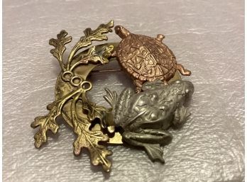 Vintage Brass Copper Pewter Tone Layered Turtle Frog Pin