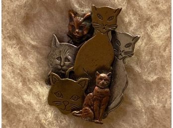 Vintage Brass Copper Pewter Tone Layered Cats Pin