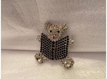 Vintage Unsigned Silver Tone Clear And Black Rhinestones Teddy Ear Pin