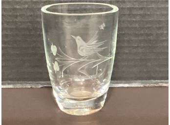 Vintage Floral Etched  Perched Dove Glass Vase From Sweden (5 Inches In Height)