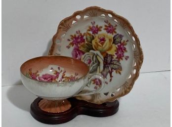 Vintage Royal Sealy (?) Footed Japanese Floral Lustre Cup And Saucer