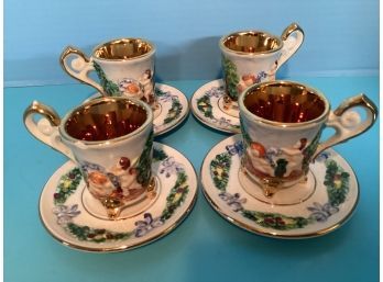 Vintage Set Of Four (4) GV Capodimonte Gilded Footed Cups And Saucers