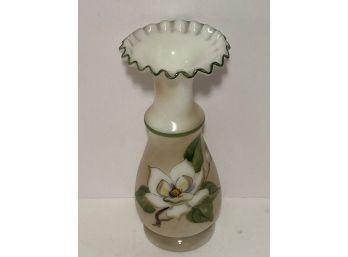 Vintage White Bristol Glass Vase Hand Painted Flowers (8 Inches In Height)