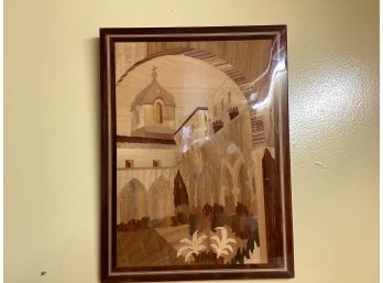 MCM Wood Marquetry Church Village Wall Art   (15 Inches By 11 Inches)