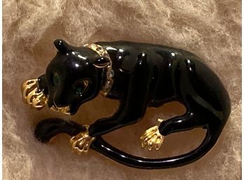 Vintage Black Panther With Green Eyes And Rhinestones Collar Pin