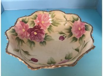 Vintage Hand Painted Rose Footed Round Nippon Serving Bowl (8 1/2 Inches In Diameter)