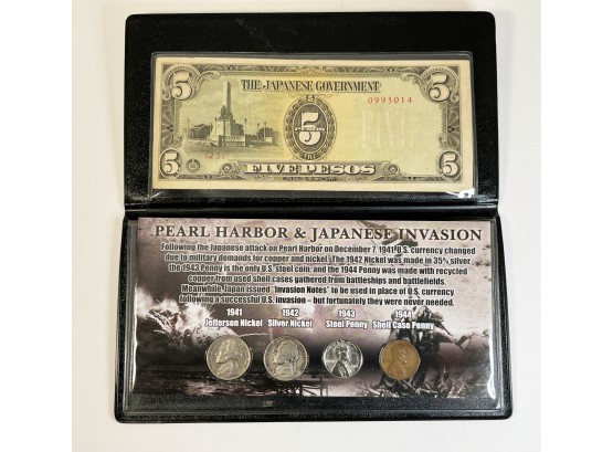 Pearl Harbor & Japanese Invasion Coin And Currency Set In Folder (4 Coins And 1 $5 Peso Note)