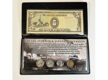 Pearl Harbor & Japanese Invasion Coin And Currency Set In Folder (4 Coins And 1 $5 Peso Note)