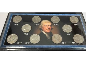 The First 10 Jefferson Nickel Set 1938-1947 In Plastic Folder With Info/history (including Silver War Time)