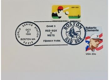 1986 First Day Cover (game 3 Red Sox Vs Mets) Roberto Clemente Stamp And Envelope