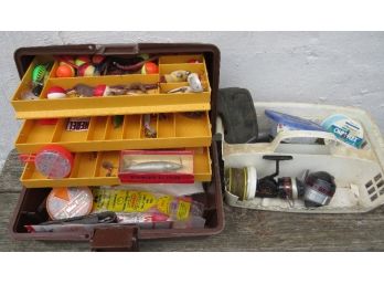 Brown Plastic Tackle Box With Assorted Fishing Tackle