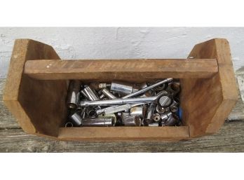 Wooden Tool Box Of Various 1/4' & 3/8' Sockets & Ratchets