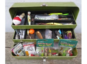 Green Metal Tackle Box With Assorted Fishing Tackle