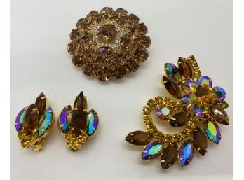 2 Vintage Rhinestone Brooches Pins & Clip-On Earrings