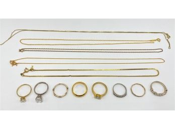8 Rings & 5 Chains, Including 14 Karat Marked 585 (broken) & 1 By Designer Satya (Broken)