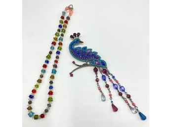 Large Vintage Rhinestone Peacock Pin & Glass Bead Necklace