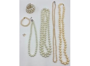 4 Vintage Faux Pearl Necklaces, 2 Bracelets & Stud Earrings