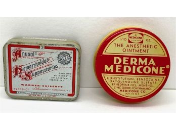 2 Vintage Apothecary Medicine Tins: Anusol For Hemorrhoids & Derma Medicone