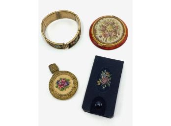 Vintage Cross Stitch Bracelet, Perfume Bottle, Compact & Nail Kit By Beauty Mate, West Germany