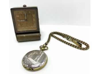 Vintage Le Coultre Swiss Travel Alarm Clock & Gruen Pocket Watch