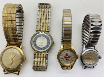 4 Vintage Watches: Lord Elgin, Benrus, Seiko & Bulova Quartz With 1982 Plymouth Pilgrims Logo