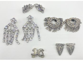 3 Vintage Clip-on Rhinestone Earrings & 2 Sets Dress Clips By Designers Trifari, Weiss & More