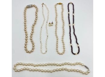 5 Faux Pearl Necklaces & 2 Stud Earrings