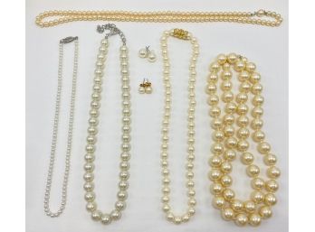 5 Vintage Faux Pearl Necklaces, 1 By Monet & Stud Earrings