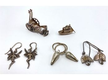 Vintage Sterling Miniature Baby Carriage Pendant, Boat Pendant & 3 Earrings, Fairies Marked 925