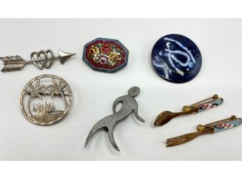 7 Vintage Brooches Pins: Italian Millefiori, Sterling Arrow & 900 Round Silver Pin From El Salvador & More