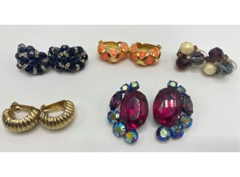 5 Vintage Clip-On Earrings Including Designer Thelma Deutsch, Eugene & KJL