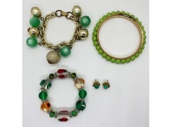 3 Vintage Bracelets, One With Glass Beads & Stud Earrings