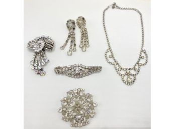 Vintage Rhinestone Jewelry: Necklace, Bracelet, Earrings & 2 Brooches