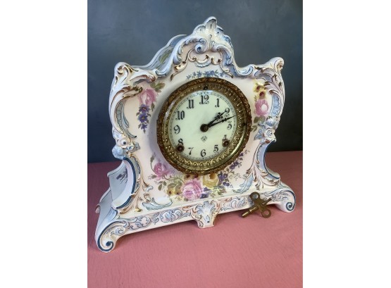 Beautiful Royal Benn 1755 Early Porcelain Floral Mantel  Clock