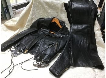 Vintage Leather Coat Hand Cuffs Leather Chaps Set